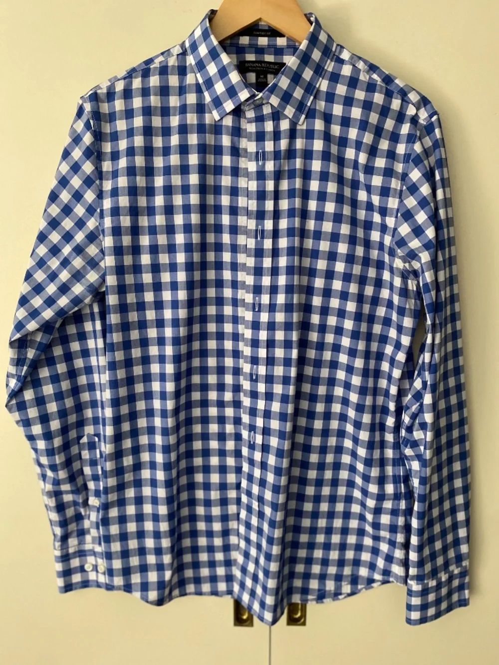 Banana Republic Slim Flex Fit Tech Stretch Cotton Shirt Mens Medium Blue Gingham